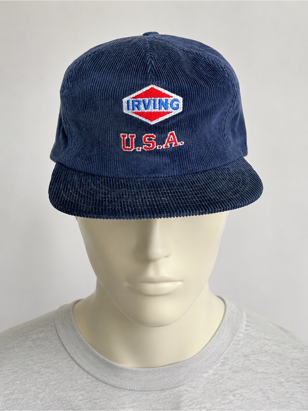 Vintage Irving USA Corduroy Snapback Hat Cap Navy Red Blue Made In Canada